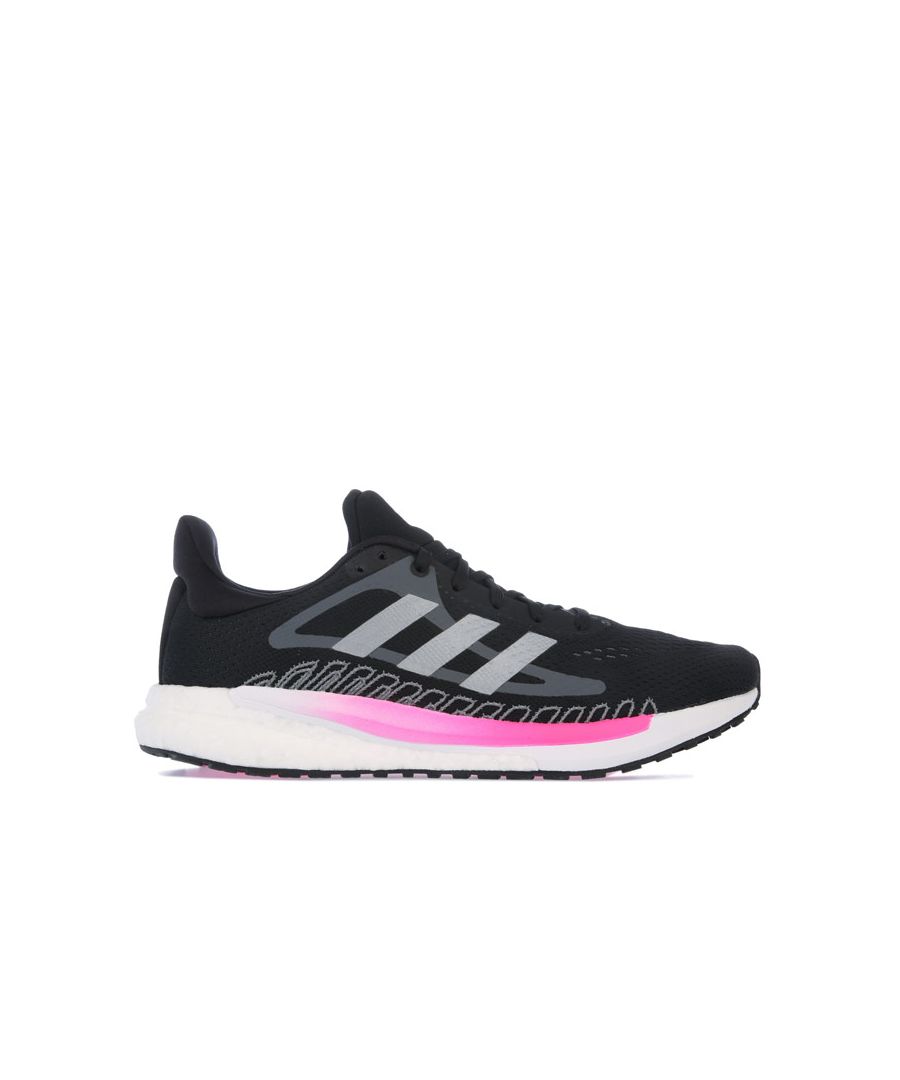 Womens adidas SolarGlide 3 Running Shoes in black pink.- Textile upper.- Lace up fastening.- 3-Stripes to sides.  - Padded collar and tongue. - Fitcounter heel for unrestricted fit.- Responsive Boost midsole.- Cushioned tongue.- Stabilizing Torsion System.- Regular fit.- Textile upper  Textile lining  Synthetic sole. - Ref.: GZ8824