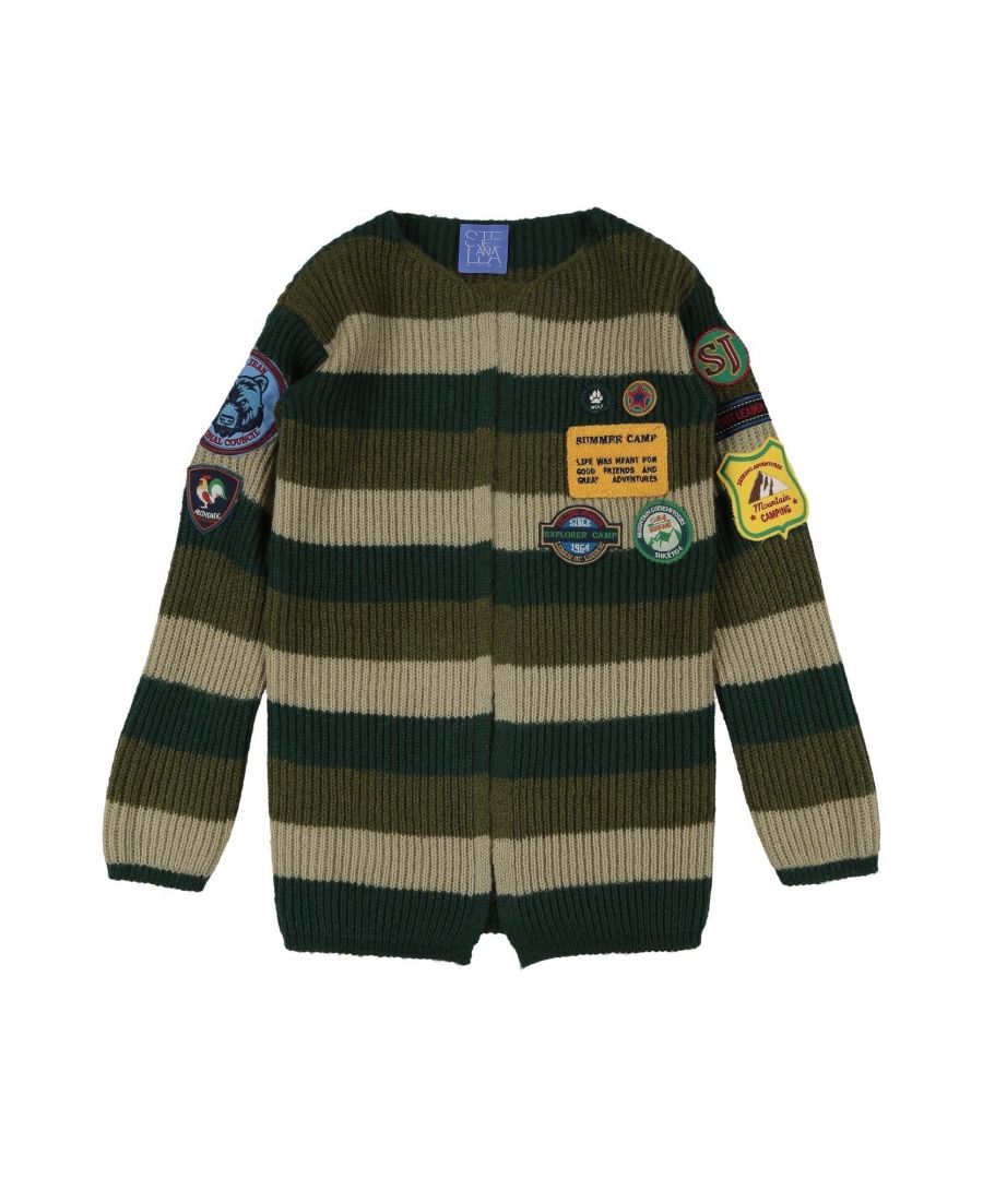 knitted, contrasting applications, stripes, round collar, medium-weight knitted, long sleeves, no pockets, hand wash, dry cleanable, iron at 150° c max, do not bleach, do not tumble dry, front closure, hook-and-eye closure