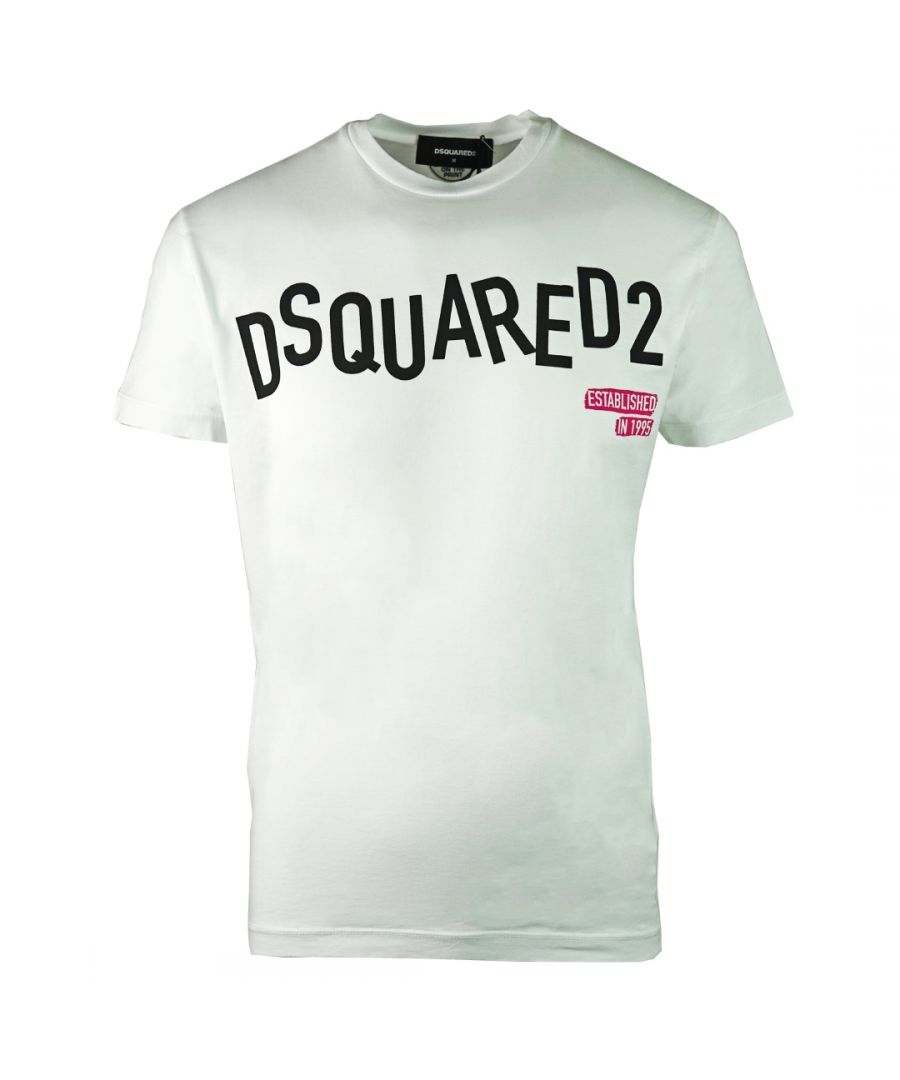 DSquared2 S74GD0501 S22427 100 T-Shirt. Round Crew Neck Tee. 100% Cotton. Short Sleeves. Large Branded Print On The Front. Ribbed Neck and Sleeve Endings