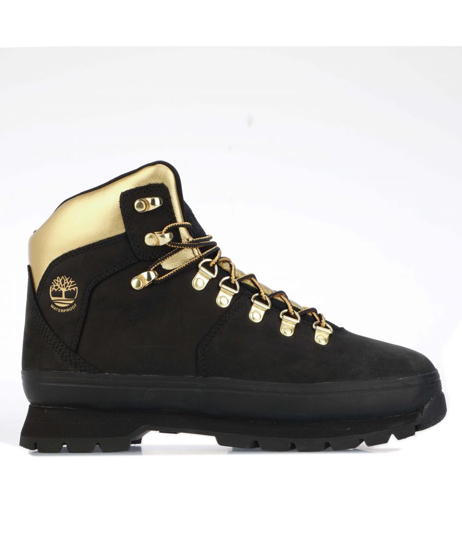 Womens Timberland Euro Hiker Hiking Boots in black gold.- Nubuck leather upper.- Lace fastening.- Mesh padded collar.- Branding to the tongue and side.- EVA footbed and midsole for cushioning.- Steel shank for foot arch support.- Rubber lug outsole for grip. - Ref: CA43ZU