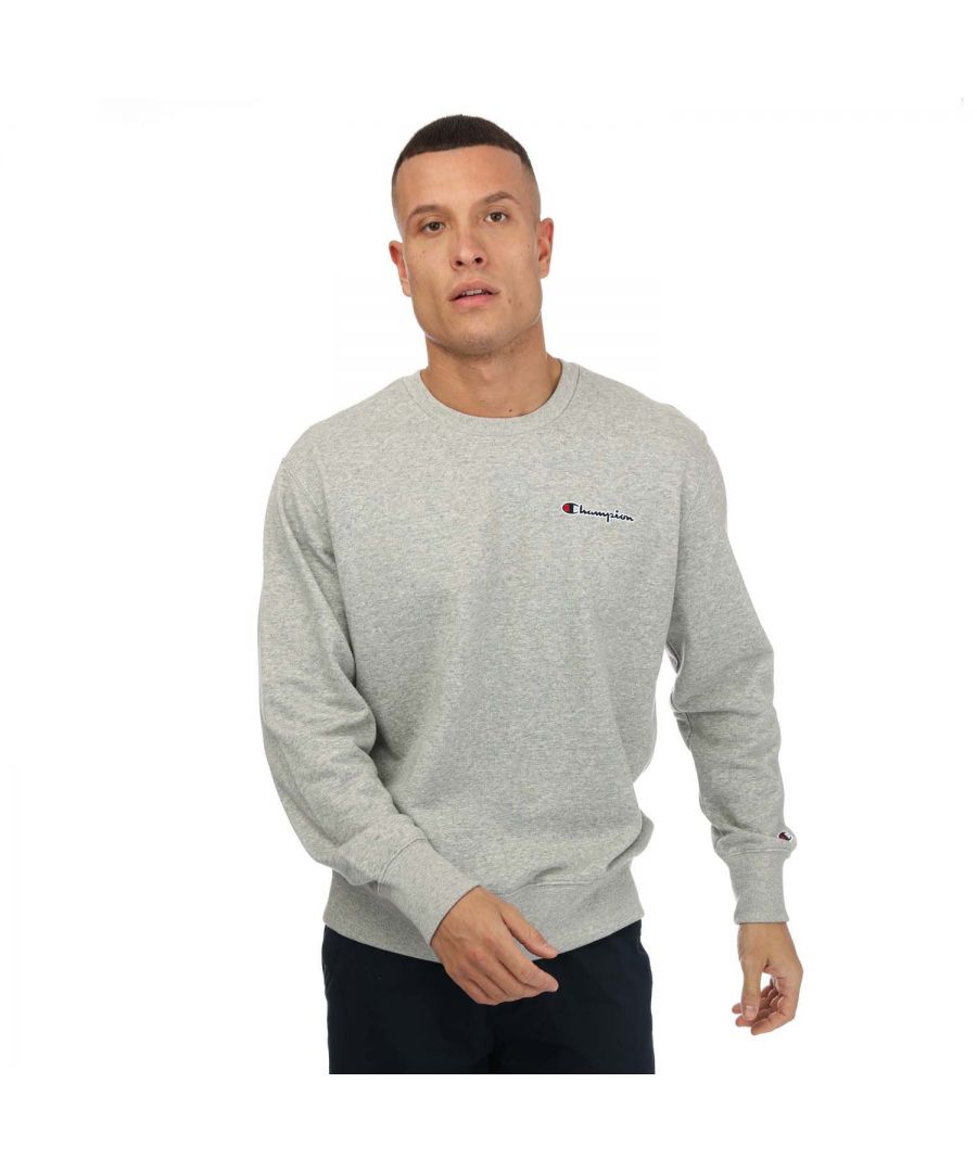 Champion sweatshirt met ronde hals en klein script-logo voor heren, grijs gemêleerd