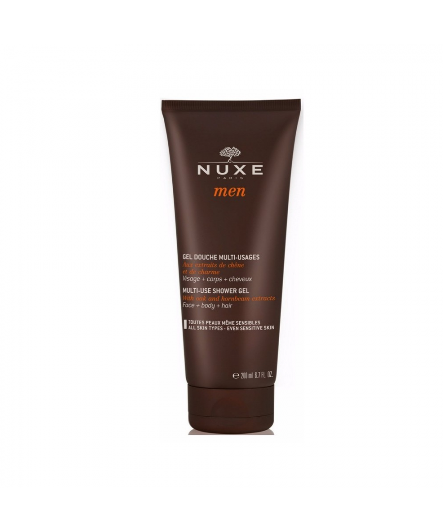 NUXE Multi-Use Shower Gel by Nuxe Men cleanses body, face and hair. With extracts of oak and hornbeam, it is suitable for all the skins, even sensitive. With a plant-origin cleansing base and physiological pH, this foaming gel gently cleanses and provides a real energizing sensation.