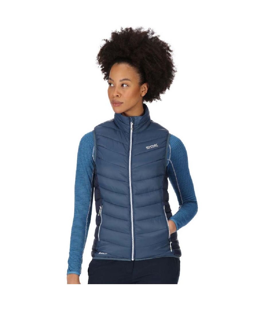 Lightweight 20d polyamide fabric. Durable water repellent finish. Feather Free - premium recycled synthetic down insulation. Recycled fill made from approximately 11 plastic bottles (500ml size). 2 zipped lower pockets. Stretch binding to armholes and hem.