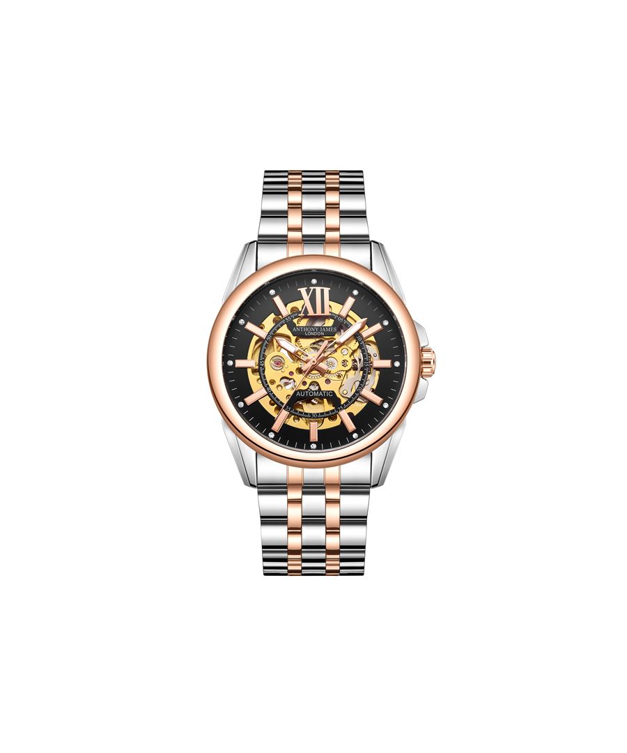 The Hand Assembled Anthony James Limited Edition Mystique Automatic Rose men’s watch boasts 162 part 21 jewel movement and exhibits superb accuracy that is enhanced by the gold skeletonised dial, contrasting boldly against the black border, and this same engineering is viewable from the caseback. It is water resistant to 3ATM, while the scratch resistant mineral glass is both sophisticated and reliable. The two-tone rose stainless steel bracelet secures the timepiece, which comes complete with a five-year warranty.\nWatch Specification\n• Automatic Movement\n• Hand Assembled 162 Part 21 Jewel Movement\n• Black with Gold Skeletonised Dial \n• Water Resistant 3ATM\n• Scratch Resistant Mineral Glass\n• 5 Year Warranty\n\nSizes & Weights\n• Case Diameter 42 mm \n• Case Thickness 14 mm\n• Lug Width 22 mm\n• Strap Width 20 mm\n• Strap Length 220 mm\n• Weight 123 Grams\n\nMaterials & Colour\n• Steel & Alloy Case \n• Skeleton Caseback\n• Two-Tone Rose Stainless Steel Bracelet\n• Folding Safety Clasp with Logo\n• Logo Crown