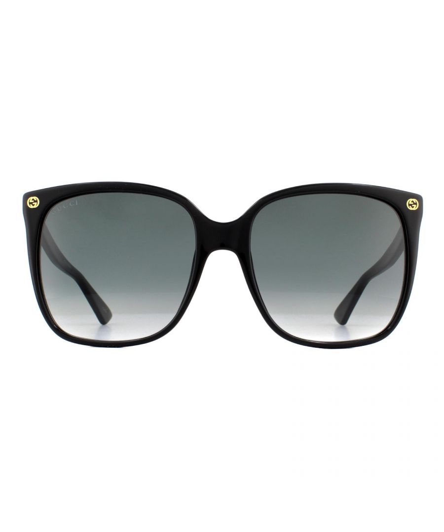 Gucci Sunglasses GG0022S 001 Black Grey Gradient have a simple squared off shape with the stylish GG logos at the front temples and a bee detail on the temple tip.