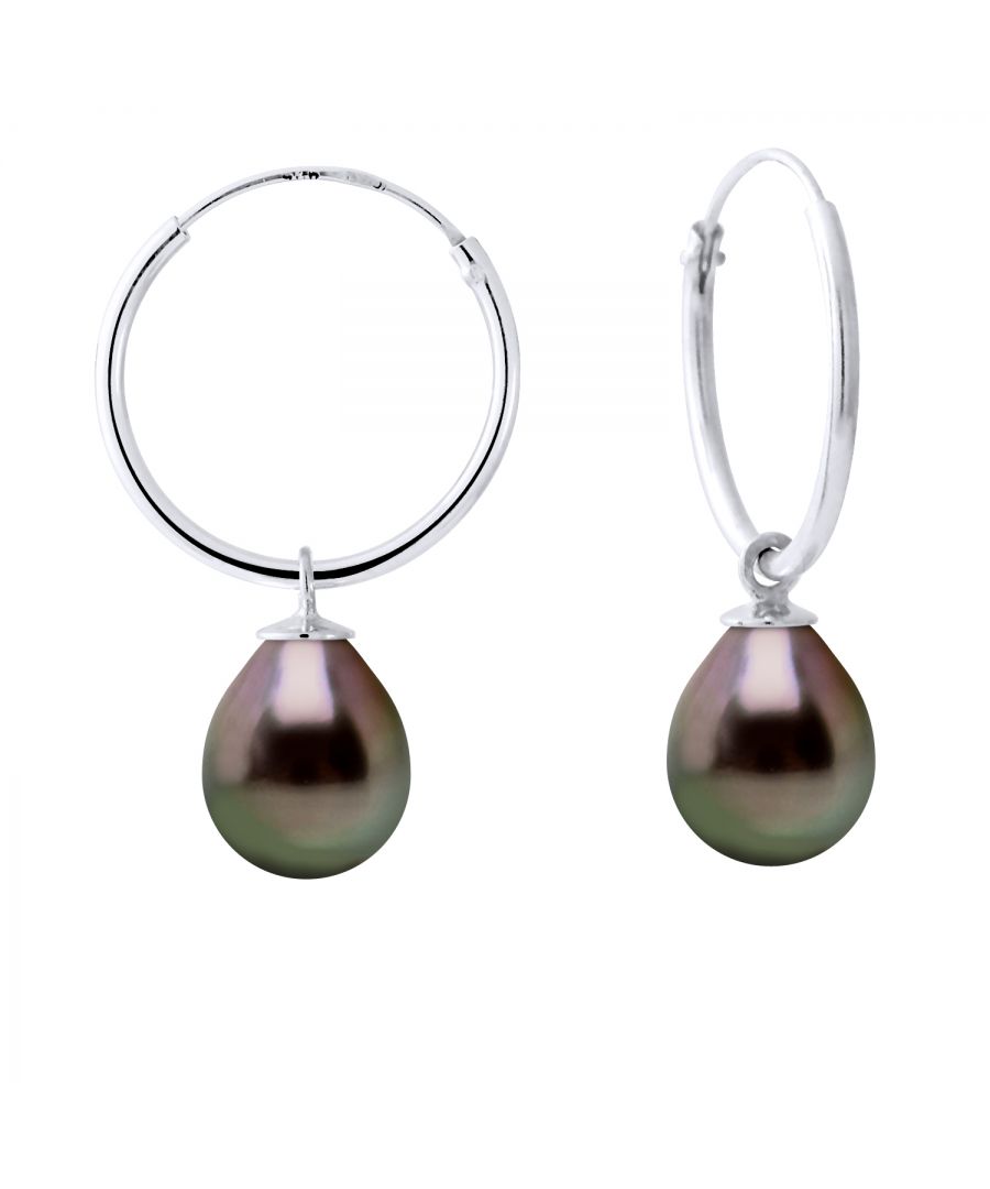 Earrings of 925 Sterling Silver Rhodium-plated and true Cultured Tahitian Pearl Pear Shape 8-9 mm , 0,31 in - Hoop Earrings - Our jewellery is made in France and will be delivered in a gift box accompanied by a Certificate of Authenticity and International Warranty