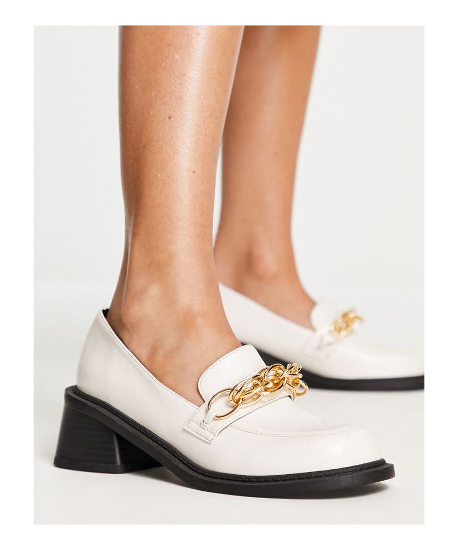 Loafers by ASOS DESIGN Two reasons to add to bag Slip-on style Snaffle detail Apron toe Contrast sole Low block heel Sold by Asos