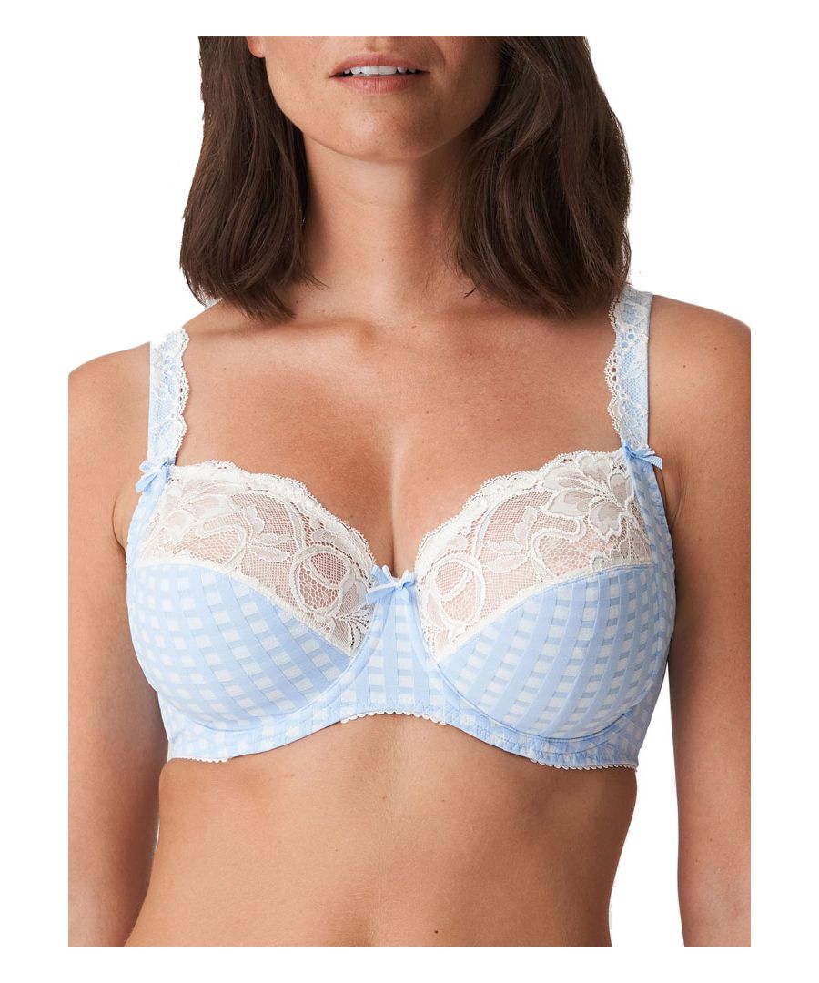Prima Donna Madison, this luxurious full cup bra is adorned in a soft gingham style fabric for a charming look whilst the 3-section cup which helps to center, support and provide natural uplift to the bust.  The underwire is encased in 3 layers of fabric incuding a layer of foam to offer optimum comfort. The two tone stretch lace top cup adds a captivating touch, whilst the side support panel offers forward projection of the bust for a flattering fit. The bottom cup is lined and the wide side wings offer extra comfort. The partly adjustable straps feature beautiful lace detail and continue onto the wings for added support.