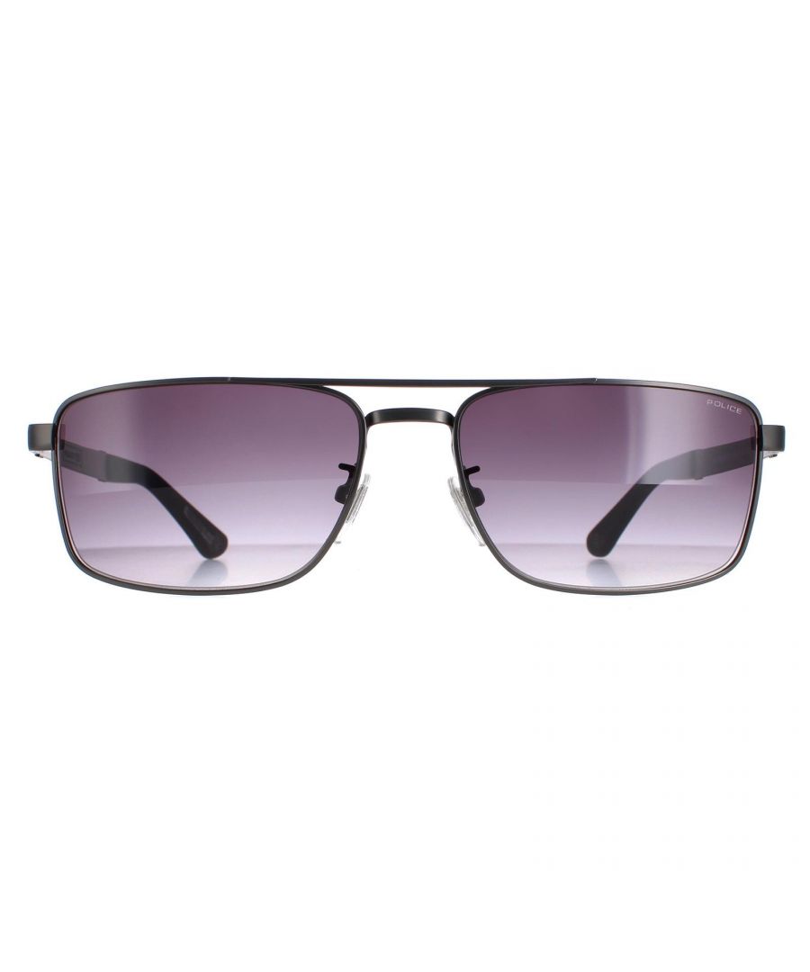 Police Sunglasses SPLB43 Origins 37 08H5 Grey Smoke Gradient are a rectangle aviator style made from metal. Thin temples feature the Police logo, while plastic tips and adjustable nose pads guarantee all day comfort.
