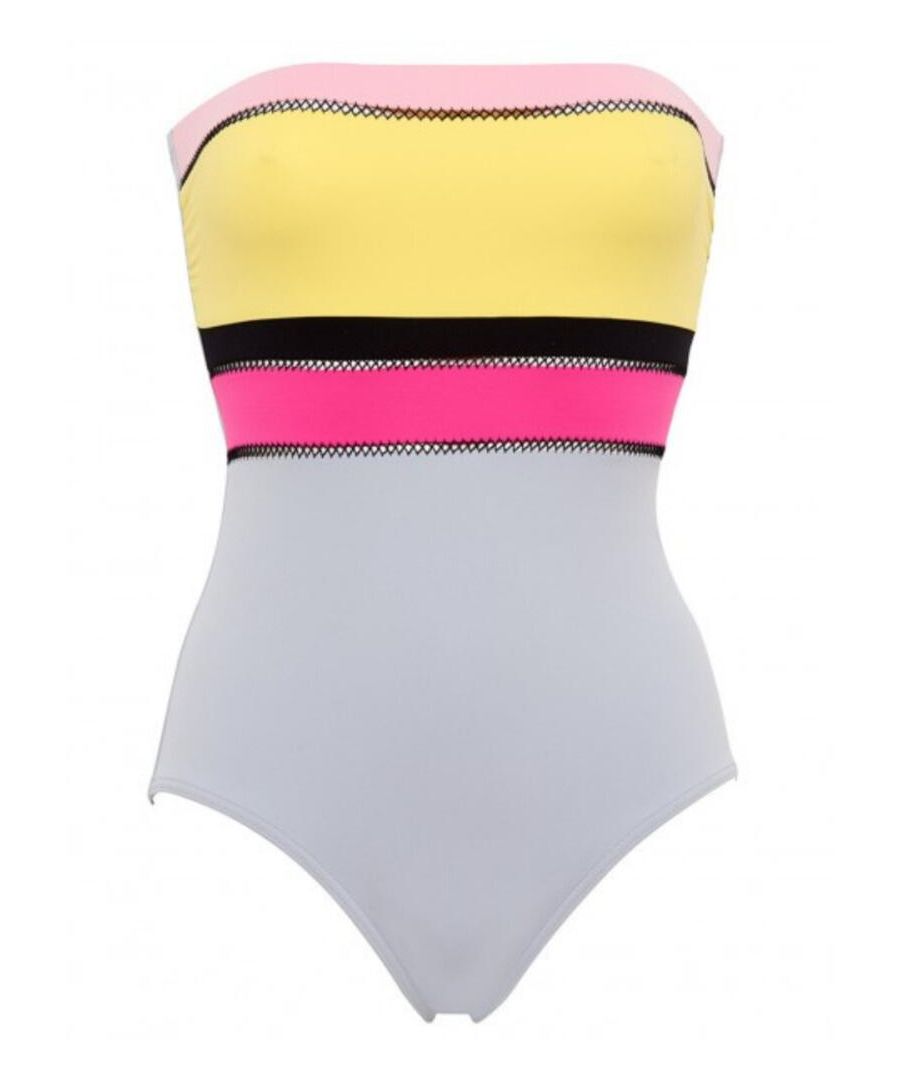 The Bayadere range at Maison Lejaby offers this bustier swimsuit that is vibrant and simple in style. Sure to make you stand out at the pool, the bustier design draws in the waist to give the bust a push-up appearance. This swimsuit does just that with its bold stripes and colours. A flexible elastic underband will give your bust the support it needs, and the bandeau cup shape will give you full modesty. It features removable straps, so you can mix up the style.\n\nVibrant and flattering design\nThe bustier design draws in the waist with a push-up bust\nElastic underband for bust support\nBandeau cup shape\nRemovable straps\nModerate rear coverage\nComposition: 60% Polyamide | 36% Elastane | 4% Polyester\nListed in UK sizes