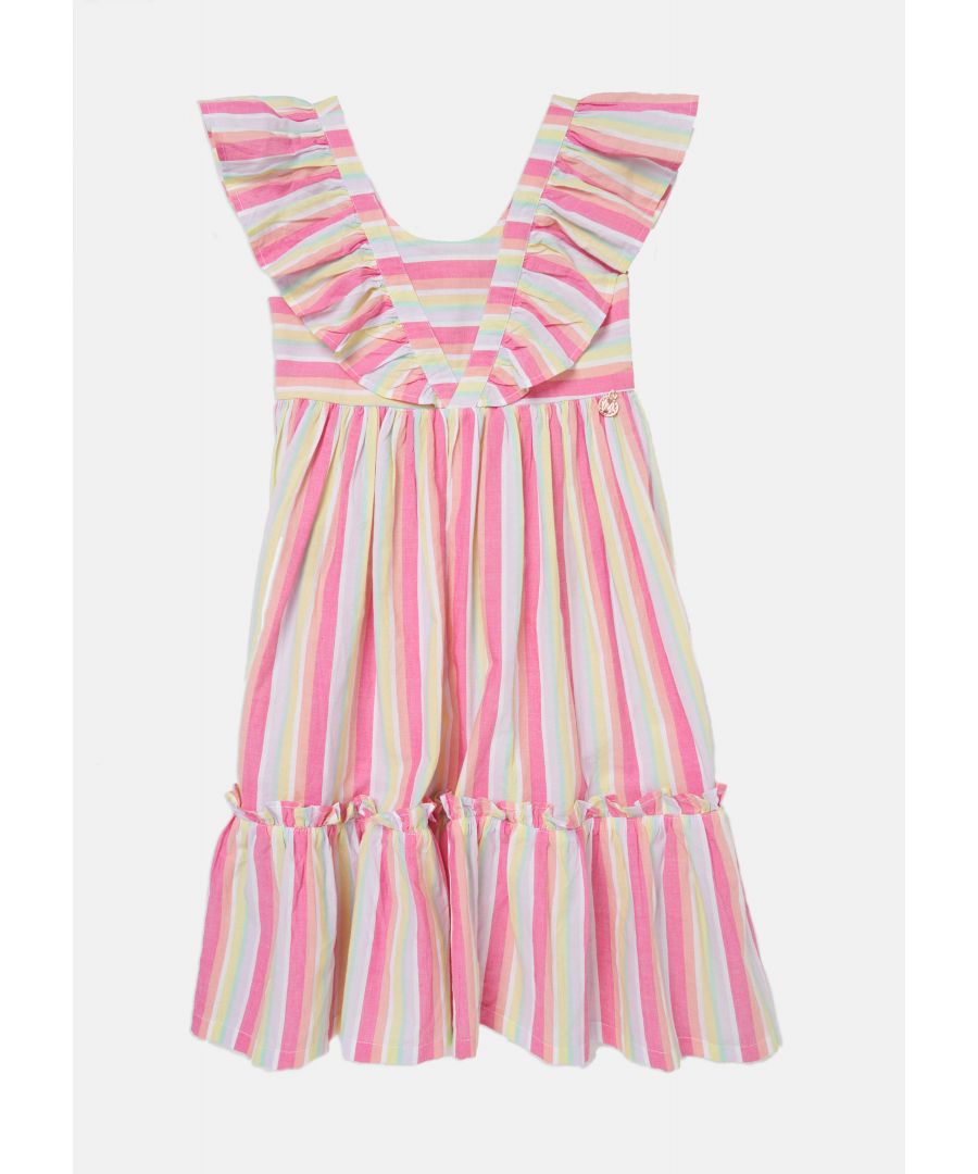 Totally dreamy! Our gorgeous   rainbow stripe midi dress with tiered skirt and pretty shoulder frills. Slightly longer length and perfect for the summer sun! Colour:   About Me: 100% Cotton Look after me: Think planet. wash at 30c Angel & Rocket cares - made with Fairtrade cotton.