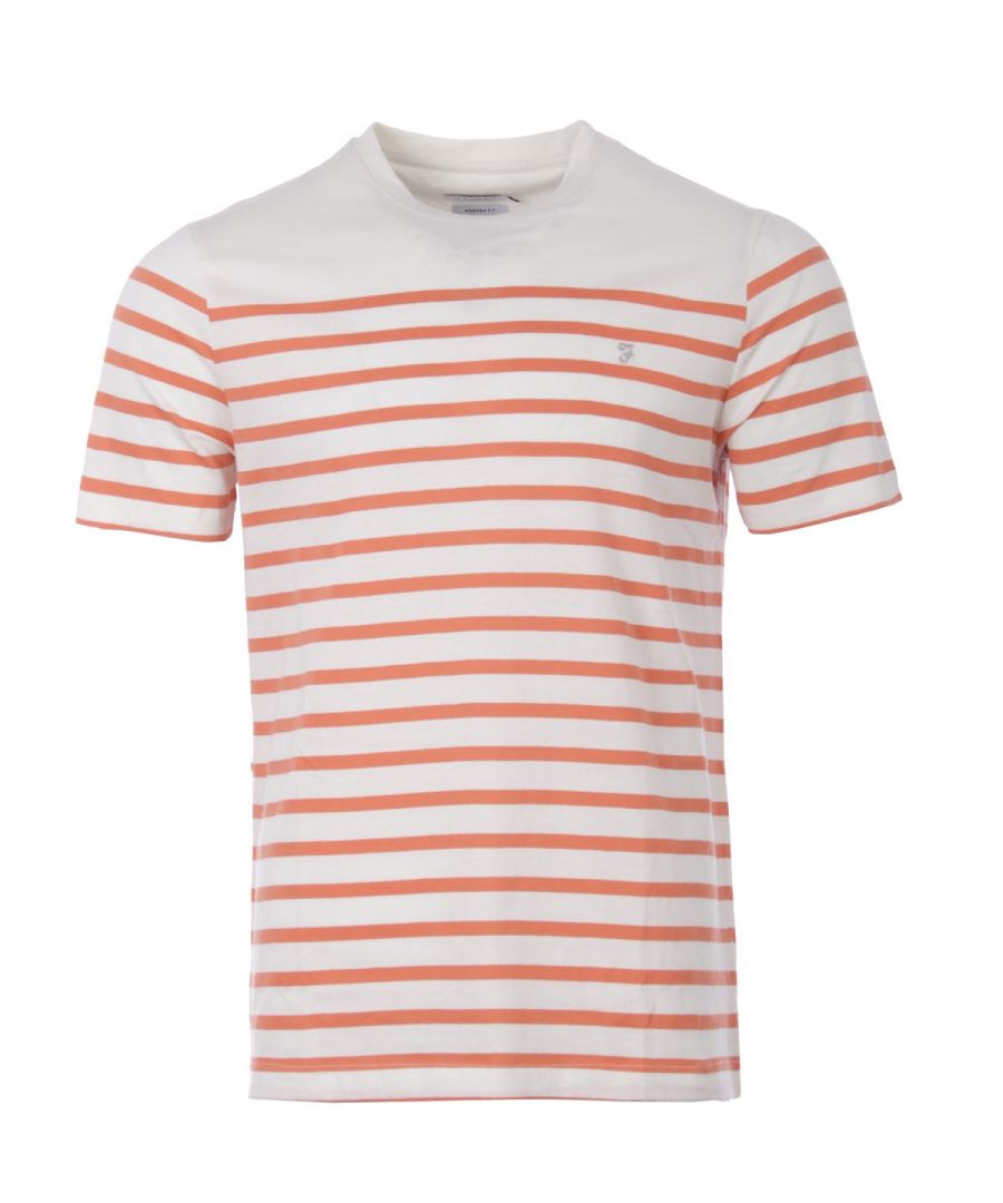 The versatility and transcending style of Farah has been a staple throughout the decades. Starting from humble beginnings, the signature 'F' logo has been seen to be worn by equally iconic musicians, artists, and fashion figures. A wearable symbol of culture and diversity, a casual yet quintessential look. The Altamont Striped T-Shirt is crafted from pure organic cotton jersey offering day long comfort and breathability. Featuring a classic crew neck design with short sleeves and contrast stripes. Finished with the iconic logo embroidered at the chest. Modern Fit, Pure Organic Cotton Jersey, Crew Neck, Short Sleeves, Contrast Stripes, Farah Branding. Style & Fit: Modern Fit, Fits True to Size. Composition & Care: 100% Organic Cotton, Machine Wash.