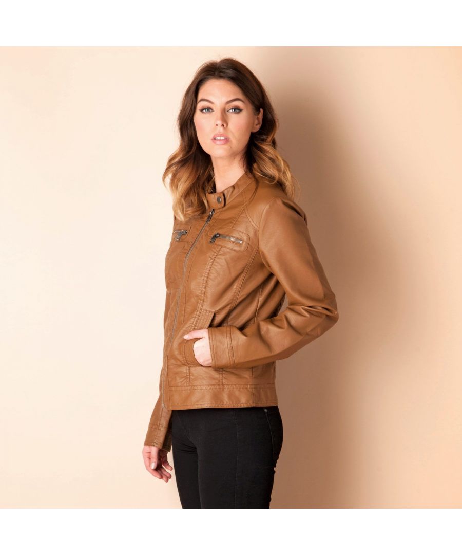  Womenss Bandit Faux Leather Biker Jacket in Cognac - Tan Viscose - Size 8 UK