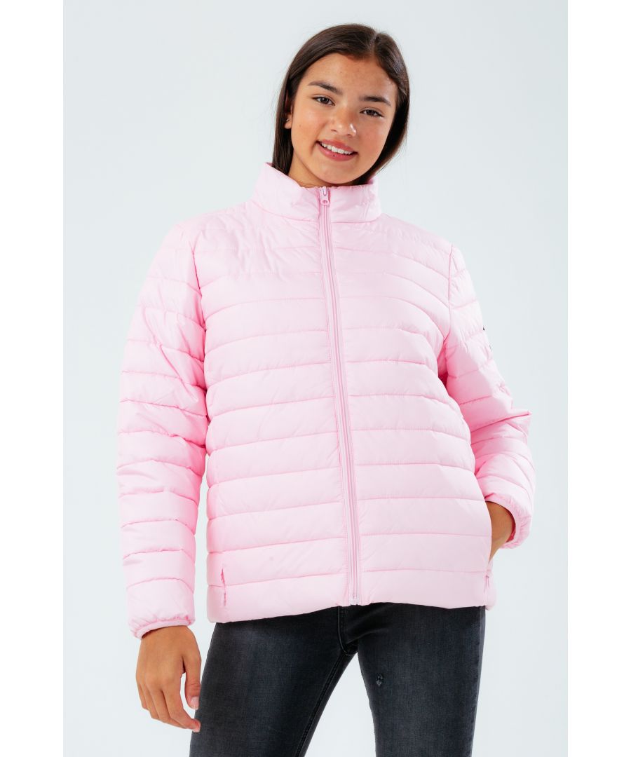 Meet the HYPE. Girls Pink Lightweight Kids Puffer Jacket, here to keep you warm in the colder months. Designed in our unisex quilted parka jacket shape. The design features a lightweight puffert jacket material. Machine washable.
