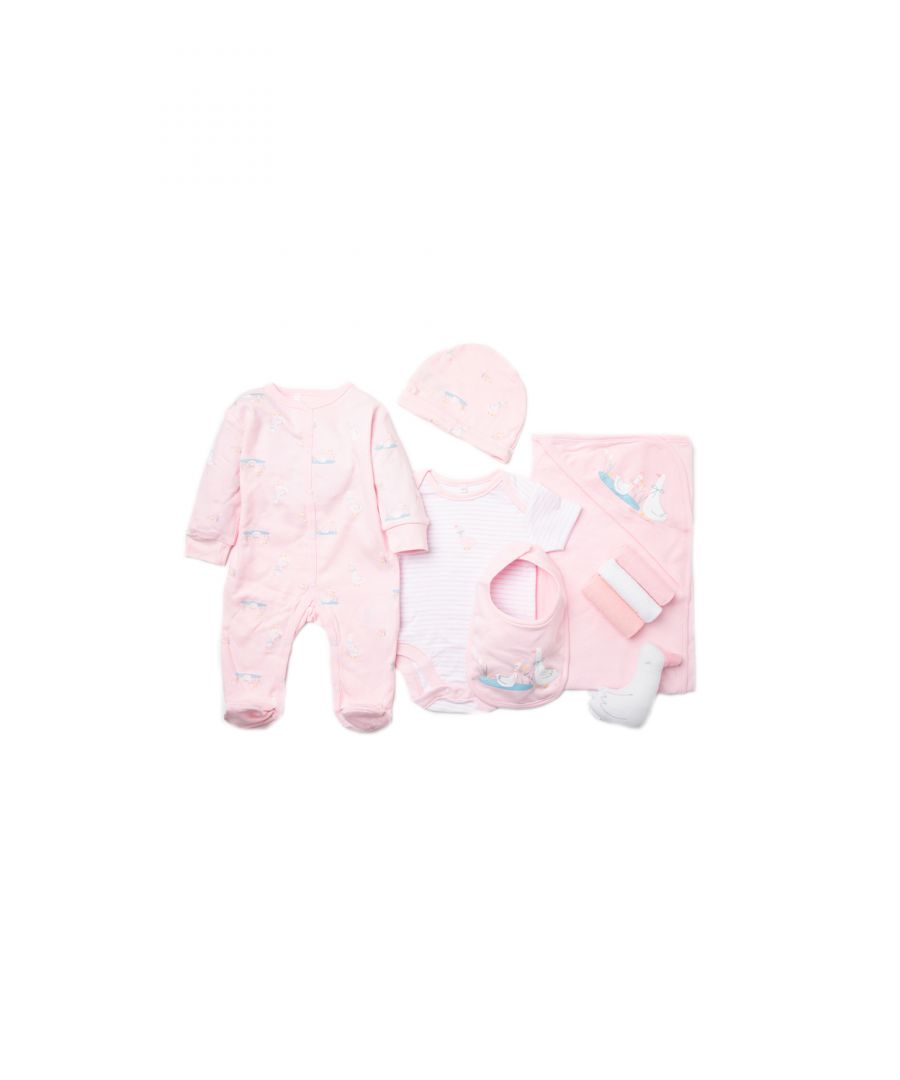 This Rock a Bye Baby Boutique ten-piece set features an adorable geese print on each item. The set includes a footed sleepsuit with all over print, a striped bodysuit, and hat, a hooded blanket, and a matching bib, a cuddly goose toy, and three washcloths. The set also comes with a matching gift tag, to add a personal touch. Each item in the set is cotton with popper fastenings, keeping your little one comfortable. This set is the perfect gift set for the little one in your life.