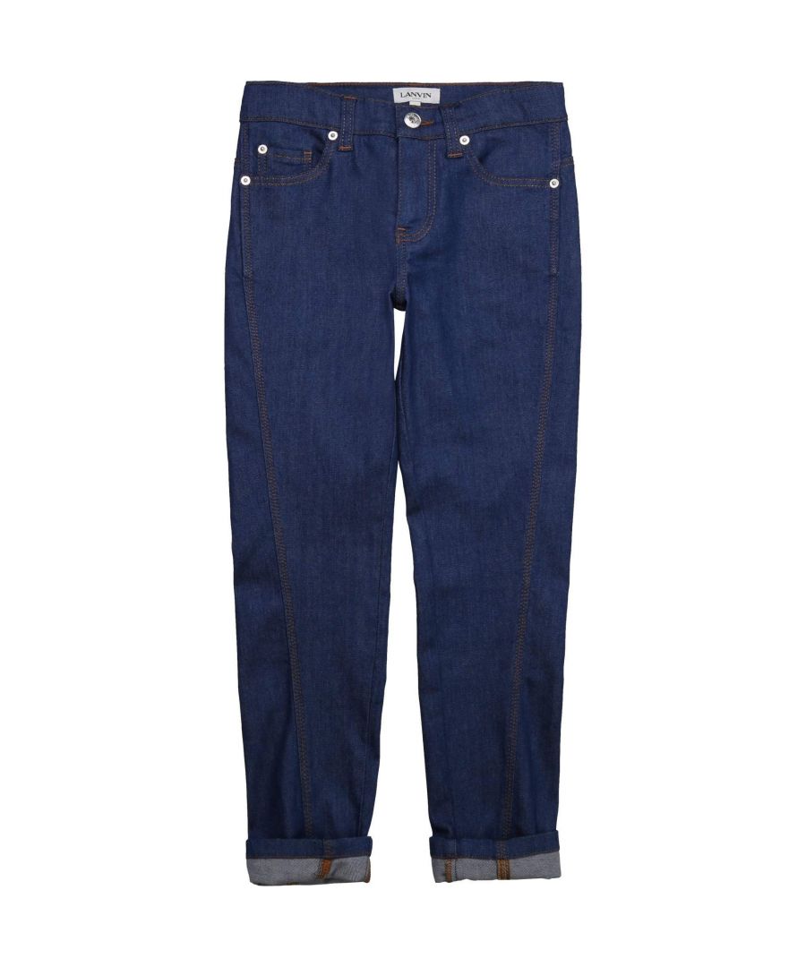 These blue Jeans by Lanvin Kids are crafted from cotton and features a zip and button closure, classic five pockets, belt looops, contrasting stitching and has the brand patch at the back.