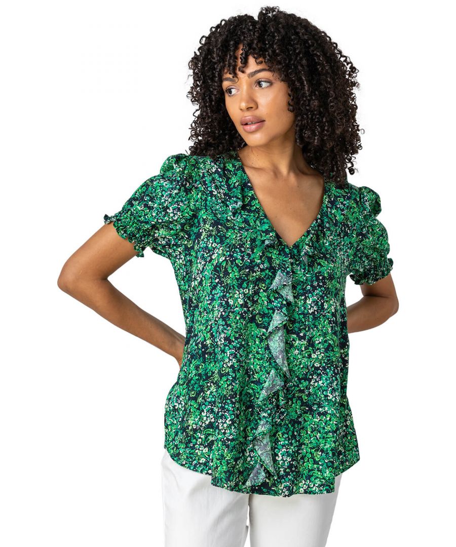 Roman Womens Floral Print Frill Detail Blouse - Green - Size 12 UK