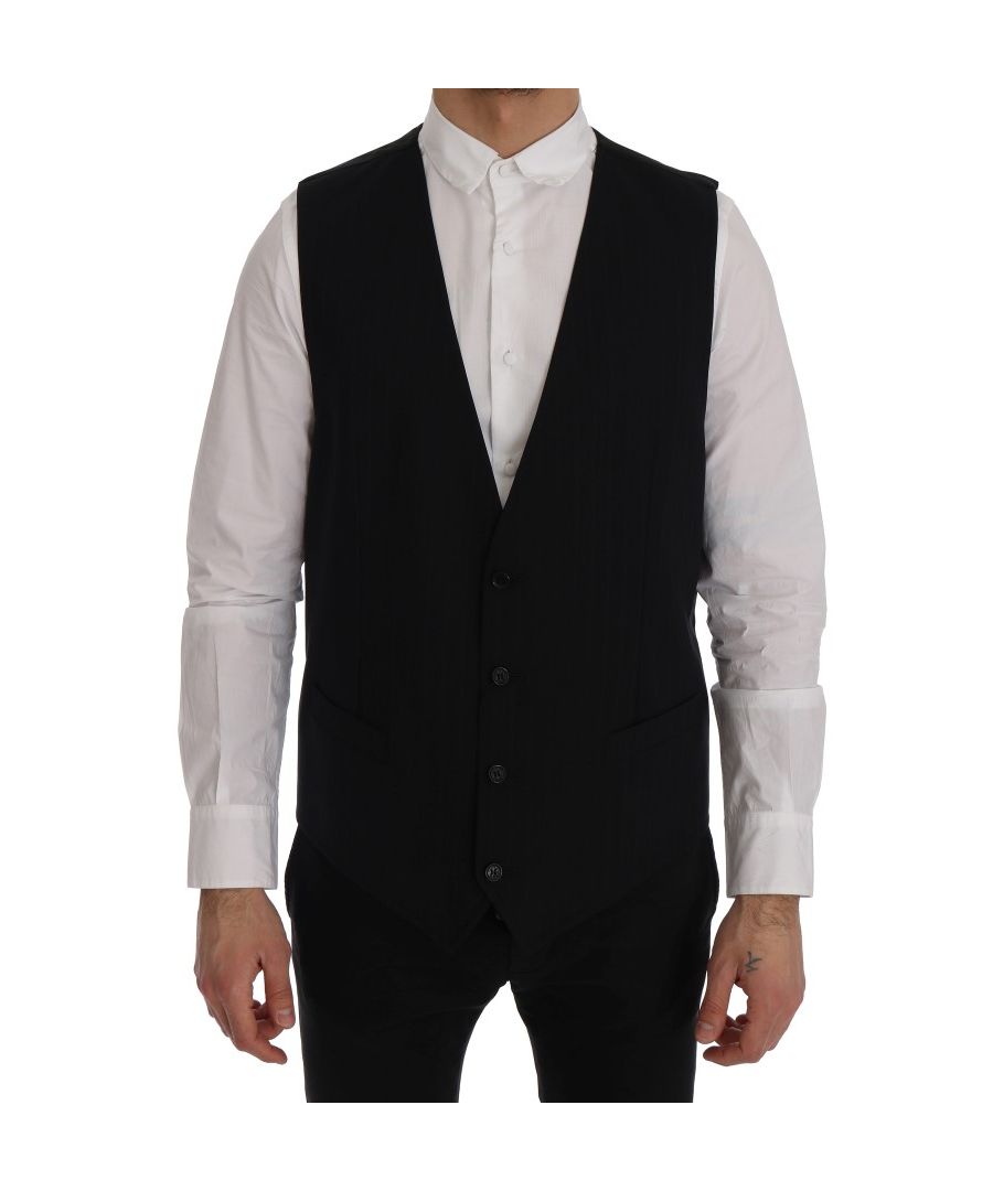Dolce & ; Gabbana STAFF Absolument époustouflant, 100% Authentique, neuf avec étiquettes Dolce & ; Gabbana STAFF Gilet Modèle : Gilet à simple boutonnage Couleur : Noir rayé Fermeture à bouton sur tout le devant Sangle arrière réglable Détails du logo Matériau : 97% laine, 3% élasthanne Doublure : 100% rayonne
