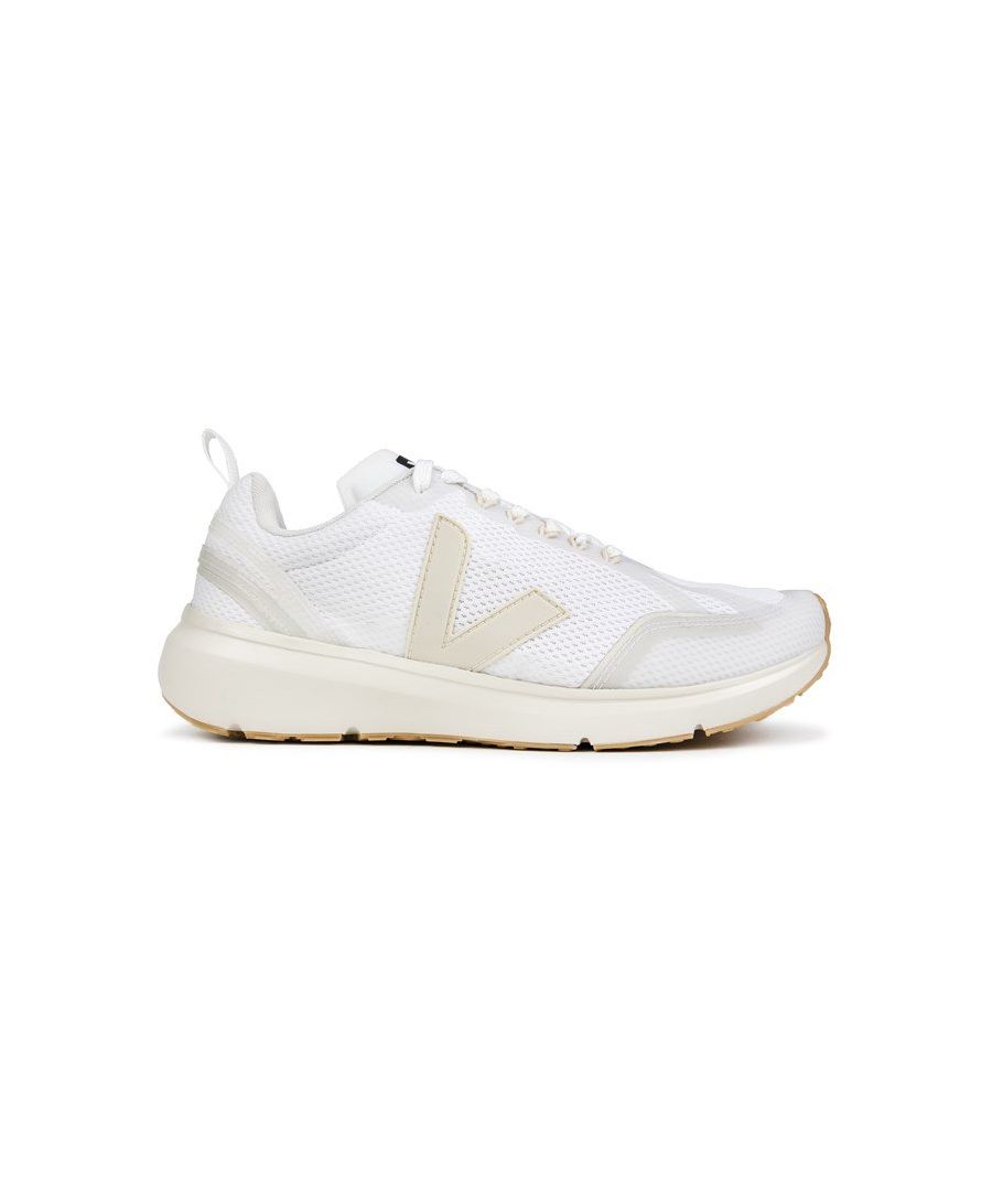 Men's White Veja Condo 2 Alveomesh Vegan Lace-up Trainers With Breathable Nylon Mesh Upper Featuring Iconic V Logo In Cream Rubber And Black Printed Logo On The Tongue. These Premium Monochrome Sneakers Have An Organic Cotton Lining And Cream Rubber Sole With Tan Tread.