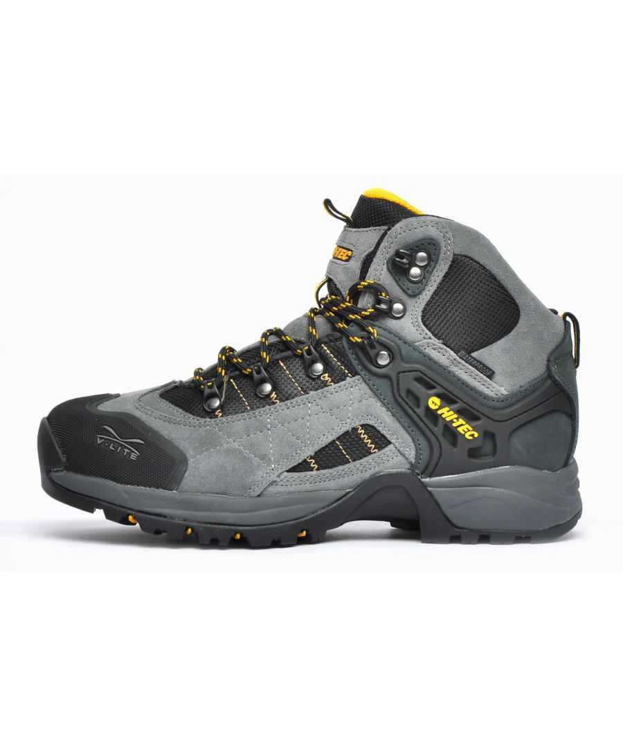 Tough, Durable and waterproof. Designed for those serious about hiking, these Hi-Tec Sierra V-Lite boots ensure you and your feet can deal with the most strenuous outdoor requirements. Whether for a demanding day hike or a multi adventure, the Hi Tec Sierra V-Lite features advanced technologies, including a waterproof upper and durable rubber outsoles for the ultimate in grip. \n The V-Lite design and build technology guarantees every ingredient of this shoe isnt compromising on durability. Of course comfort is critical too; these are breathable with all the cushioning you need for a snug fit with an Ortholite sockliner. The durable and exclusively designed V-Lite outsole offers unbeatable traction and grip on wet and slippery terrains to deliver a high performing all terrain waterproof hiking shoe which is a leader in its field. Finished with a V-Lite toe bumper for added protection to your toes.\n -Suede Leather / textile mix upper\n -Full lace closure\n -V-Lite toe bumper\n -Waterproof upper\n -Cushioned midsole\n -Heel and tongue pull tab for easy on / off wear\n -Durable V-Lite rubber outsole\n -Hi-Tec branding throughout.