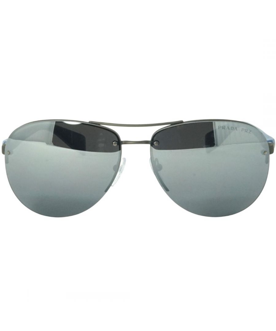 Prada Sport Aviator Mens Gunmetal Blue Rubber Grey Silver Mirror Polarized PS56MS  Sunglasses are a semi-rimless frame in the pilot style with a thin metal frame and relatively slim acetate arms with the classic Linea Rossa red stripe along the arms.