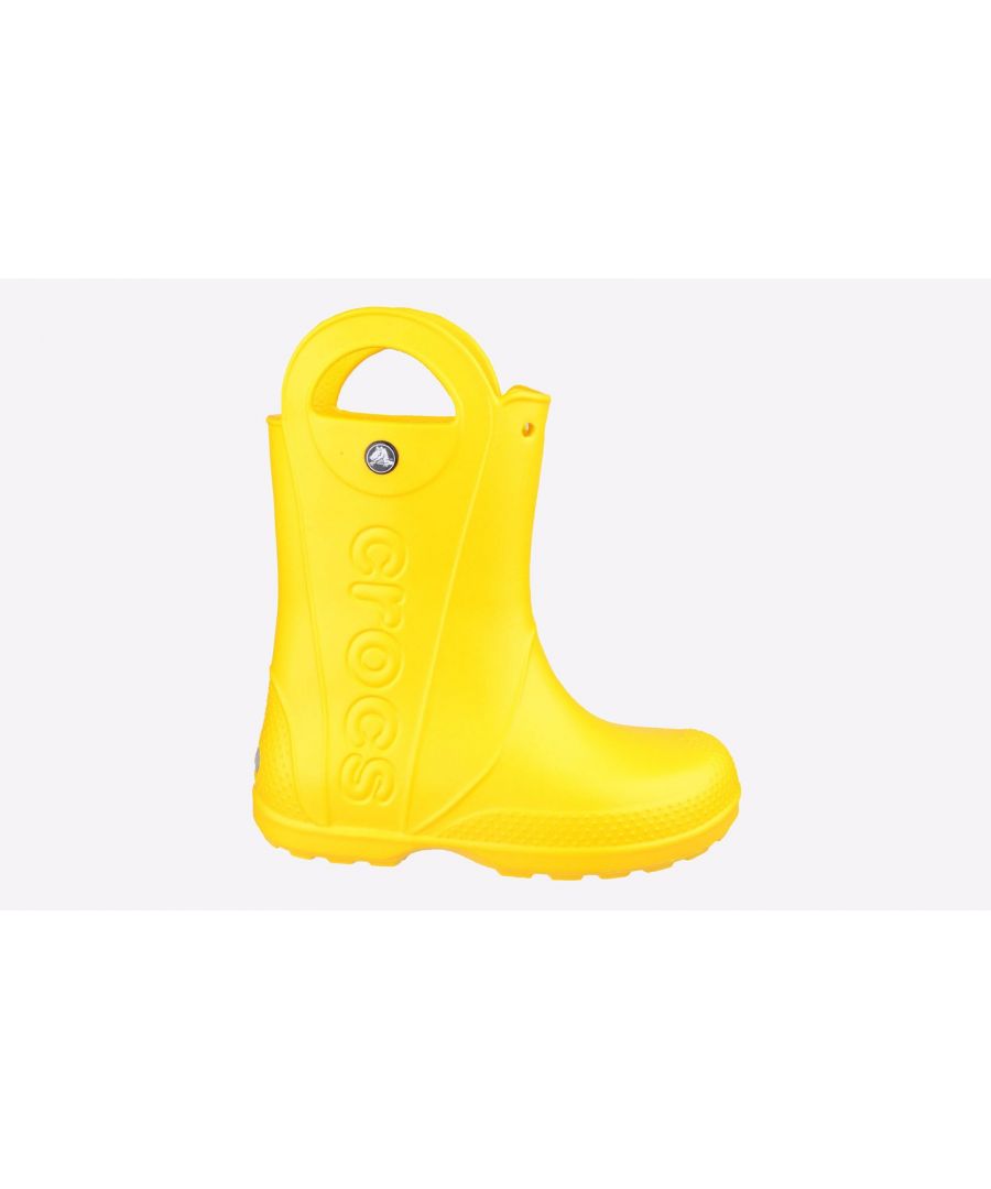 Now kids can enjoy classic Crocs comfort - even on the rainiest days. Our kids' rain boot is available in bright colours with a waterproof build that keeps puddle-jumping feet cosy and dry.\n-Waterproof rain boot\n-Fully Molded Croslite condtuction makes it light and comfortable\n-Reflective heel logo