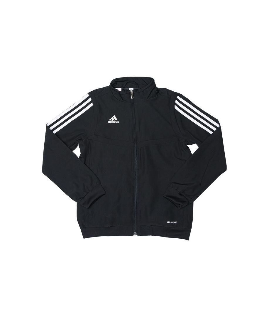 Junior adidas Tiro 19 Presentation Track Top in black- white.- Stand-up collar.- Long sleeves with ribbed cuffs.- Full zip fastening.- Front zip pockets.- Ribbed hem.- Sweat-wicking Climalite fabric.- Applied 3-Stripes at sleeves.- Slim fit is snug through the body and arms.- Shell: 100% Polyester. Lining: 100% Polyester (Recycled). Machine washable. - Ref: DT5270J