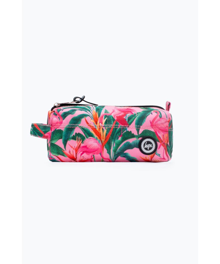 Meet the HYPE. Pink Flamingo Rainforest Pencil Case, part of the HYPE. 2022 Back to School collection. The perfect home for your stationery, pencils, pens, rulers, highlighters, and more, featuring a sublimated pink flamingo rainforest, rubber HYPE. crest branding, front zip pocket and rubber zip puller. Bundle up with the matching backpack, lunchbox, tote, drawstring, stationary set, wallet, water bottle to start the school year in style. 