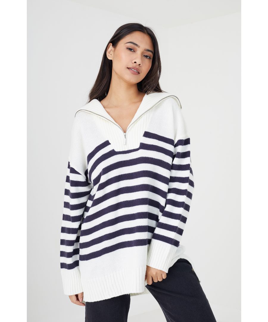 Brave Soul Womens Ivory 'Fashion' Striped Oversized 1/2 Zip Knitted Jumper - Size 2XL