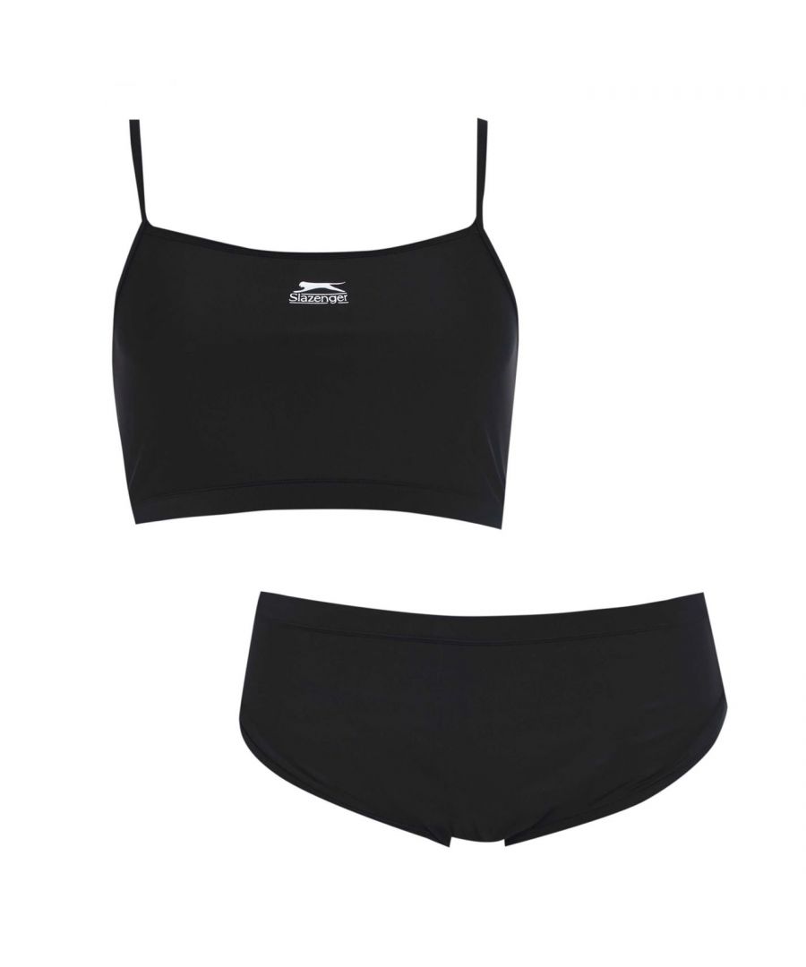 Slazenger Sport Bikini Ladies The Slazenger Sport Bikini Ladies offers a sporty, stylish look and feel with this two piece set of bikini bottom shorts and a sports bra style top. This sports bikini also features the Slazenger logo to the bikini top to complete the look and offer a comfortable fit. Made with chlorine-resistant LYCRA® fiber to last up to 10 times longer than those with ordinary elastane. > Ladies Bikini Top > Slazenger logo > Thin straps > Mesh lined front > Ladies Bikini Bottoms > Shorts style > Contrast piping > Gusset > 82% Nylon / 18% chlorine resistant LYCRA® > Machine washable
