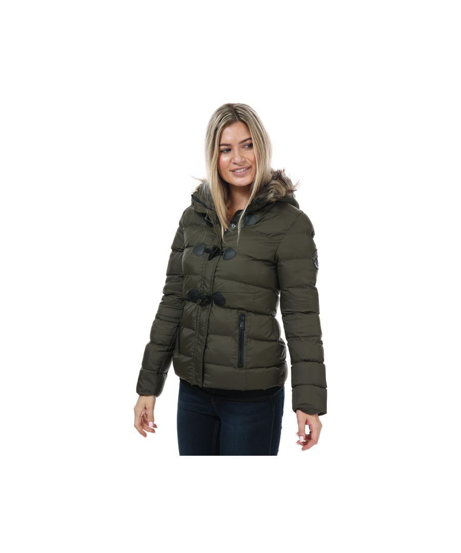 Womens Brave Soul Wizard Padded Duffle Jacket in khaki.- Fixed hood with faux fur trim.- Full zip fastening.- Storm placket with snap and toggle closure.- Zipped front pockets.- Padded and lined.- Badge to left sleeve.- Contrast PU details.- 100% Polyamide.- Ref: LJKWIZARDKHAKI