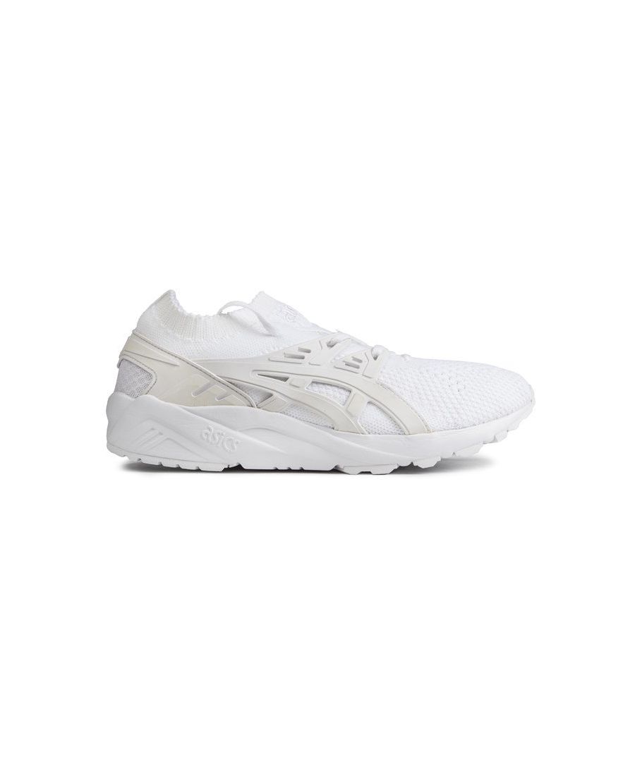 Mens white Asics gel-kayano knit trainers, manufactured with textile and a rubber sole. Featuring: sock like fit, two tone uppers, branding to the heel and removable cushioned foam insole.