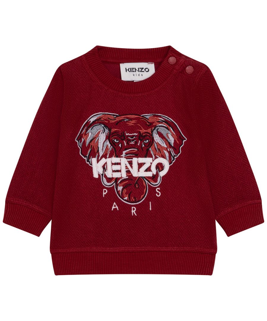 This Kenzo Baby Boys Elephant Print Sweater in Red is crafted from a cotton blend and features a crew neck, long sleeves, a ribbed hem and the Elephant logo print to the front.\n \n\n\n\nwine-red\ncotton-blend\nlogo print to the front\ncrew neck\nlong sleeves\nribbed hem
