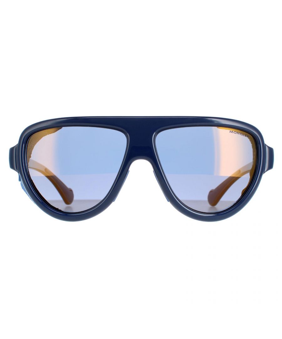 Moncler Aviator Unisex Blue Leather Gold Mirror  ML0089  ML0089 have an aviator style with a thick acetate frame. These have removeable leather side inserts for extra protection and the Moncler logo on the temples.