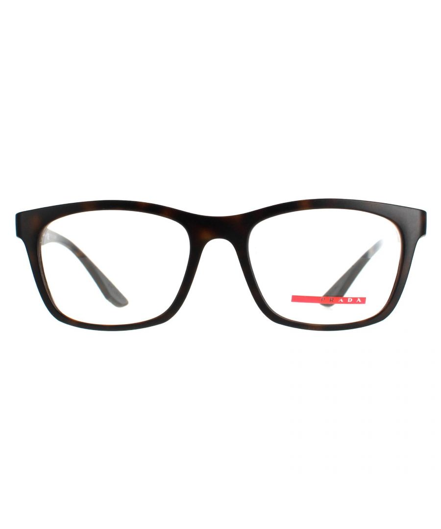 Prada Sport Square Mens Havana Rubber PS02NV Prada Sport are a sleek square shape crafted from lightweight acetate. Slender temples showcase the iconic red Prada Sport logo for instant brand recognition.