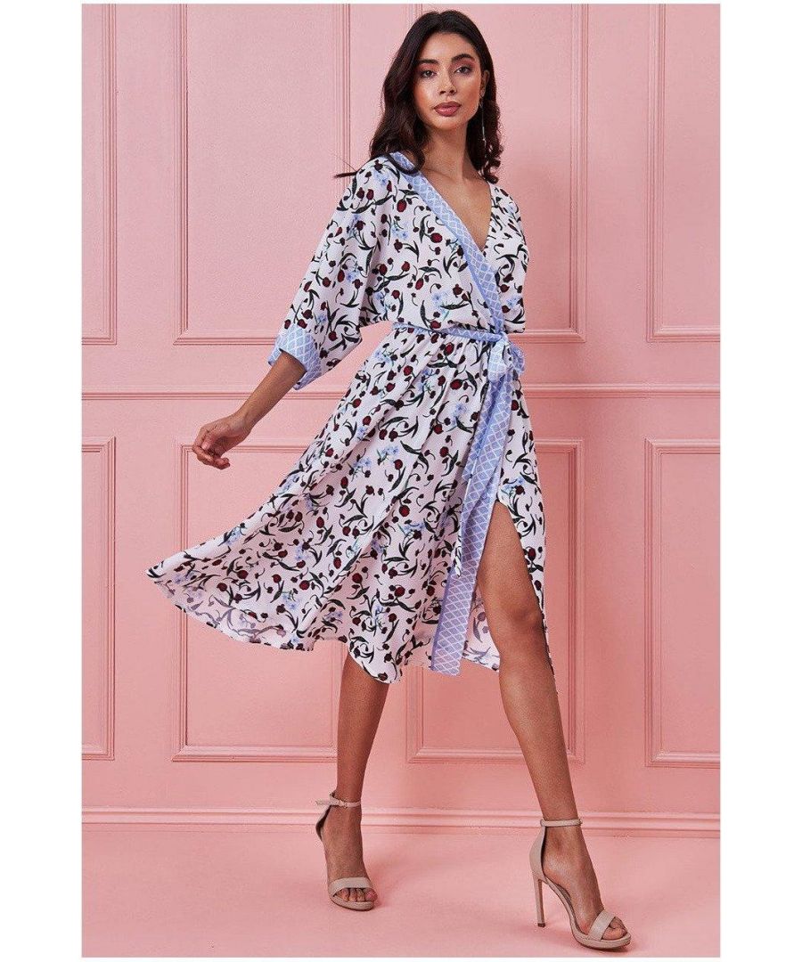 Image for Goddiva Floral Kimono Wrap Style Midi Dress - Blue