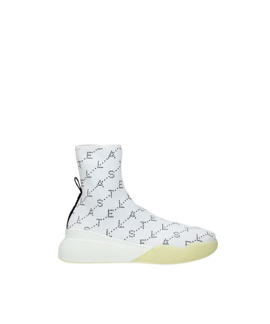 The Product with code 558859W1NI19034 fabric is a women's sneakers in white designed by Stella McCartney. It has features like logo. The product is made by the following materials: fabricHell height type: mid heelsBottomed Shoes is rubberRound toe