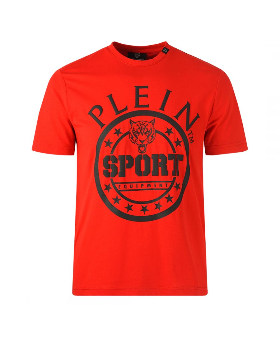 Plein Sport cirkellogo rood T-shirt. Philipp Plein sport rood T-shirt. 100% katoen. Plein-logo. Badges met Plein-merk. Stijlcode: TIPS128 52