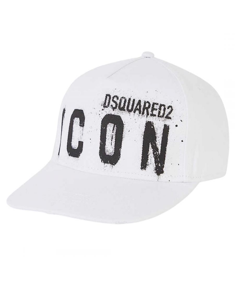 Dsquared2 ICON Spray Paint White Cap. Style - BCM0533 05C00001 M072. DSQUARED2 ICON Spray Paint Logo On Front Of Hat. Dsquared2 Baseball Cap. Dean and Dan Caten Embroidered On Rear. 100% Cotton