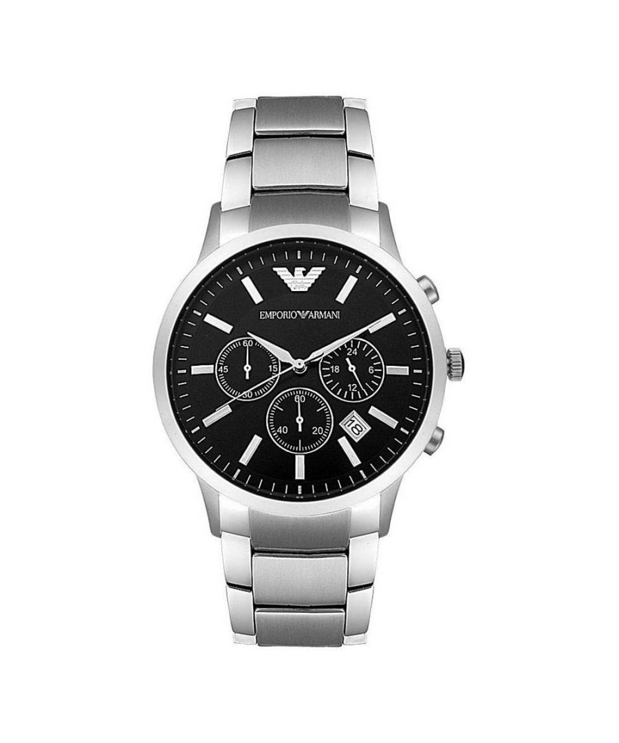 This Emporio Armani Renato Chronograph Watch for Men is the perfect timepiece to wear or to gift. It's Silver 43 mm Round case combined with the comfortable Silver Stainless steel watch band will ensure you enjoy this stunning timepiece without any compromise. Operated by a high quality Quartz movement and water resistant to 5 bars, your watch will keep ticking. This sporty and fashionable watch gives you a unique feeling in every outfit! -The watch has a calendar function: Date, Stop Watch, 24-hour Display High quality 21 cm length and 22 mm width Silver Stainless steel strap with a Deployment clasp Case diameter: 43 mm,case thickness: 11 mm, case colour: Silver and dial colour: Black