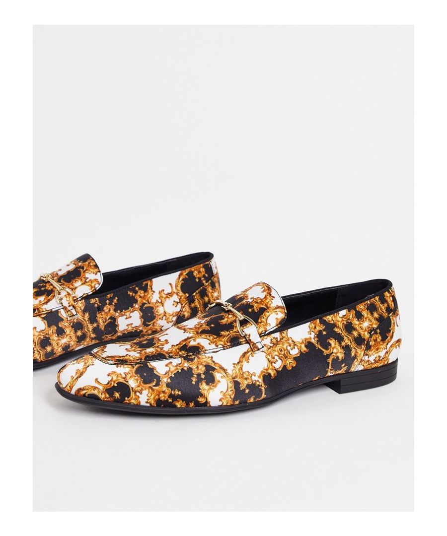 Loafers by ASOS DESIGN Two reasons to add to bag All-over baroque print Slip-on style Snaffle detail Almond toe Flat sole Sold by Asos