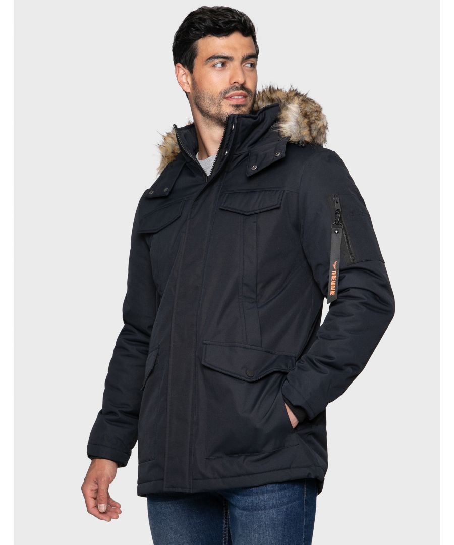 This padded jacket by Threadbare comes with two deep front pockets, two chest pockets and a zip pocket on the sleeve. This style features a faux fur trimmed hood and storm guard concealing the zip fastening. Other colours available.