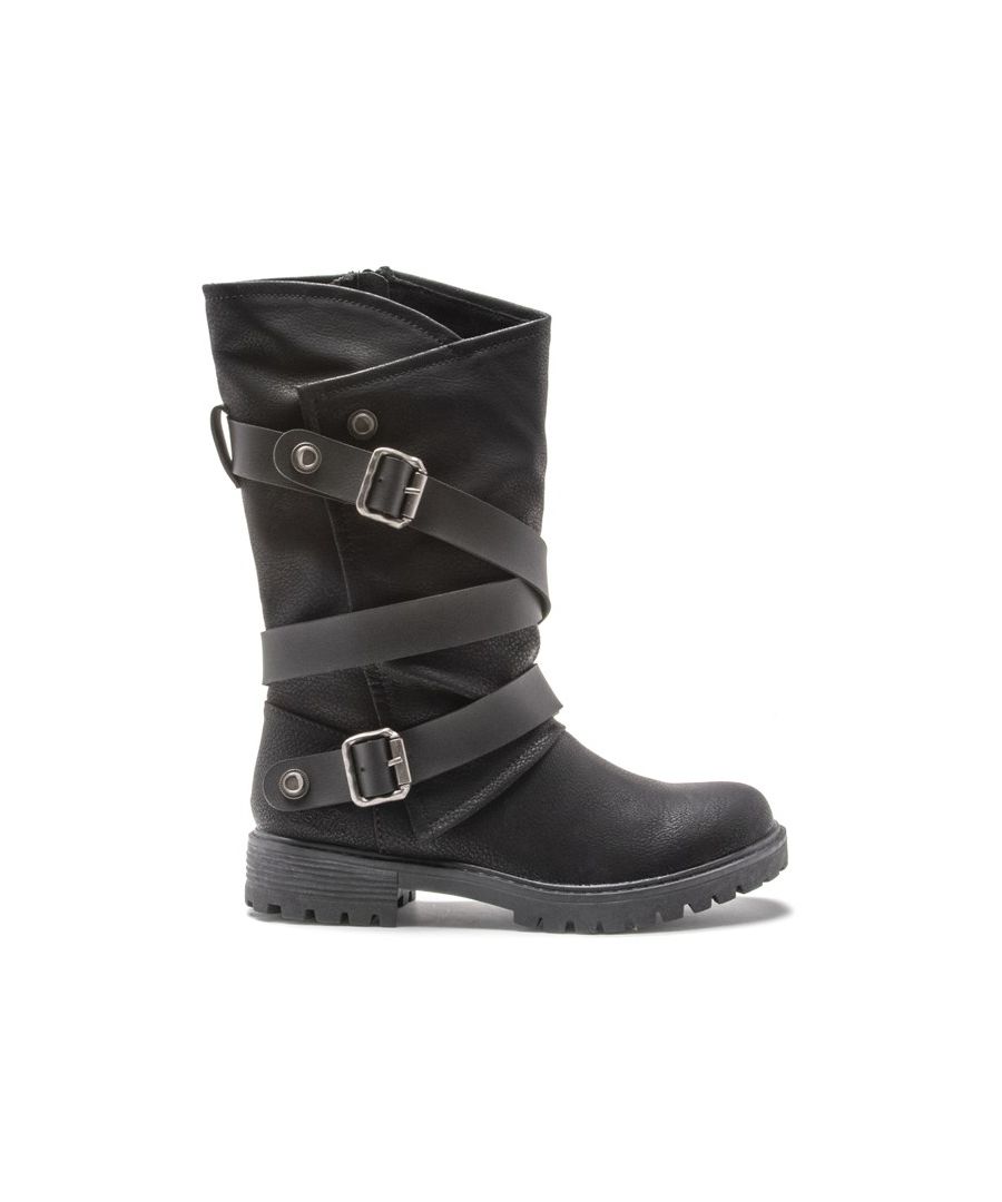Women's Black Blowfish Rensen Mid-calf, Zip-up Boots Are Designed With Wrap Around Buckle Strap Detail And A Chunky Synthetic Sole. These Ladies' Biker Style Boots Have A Soft Microfibre Lining, Synthetic Upper And Inside Zip.