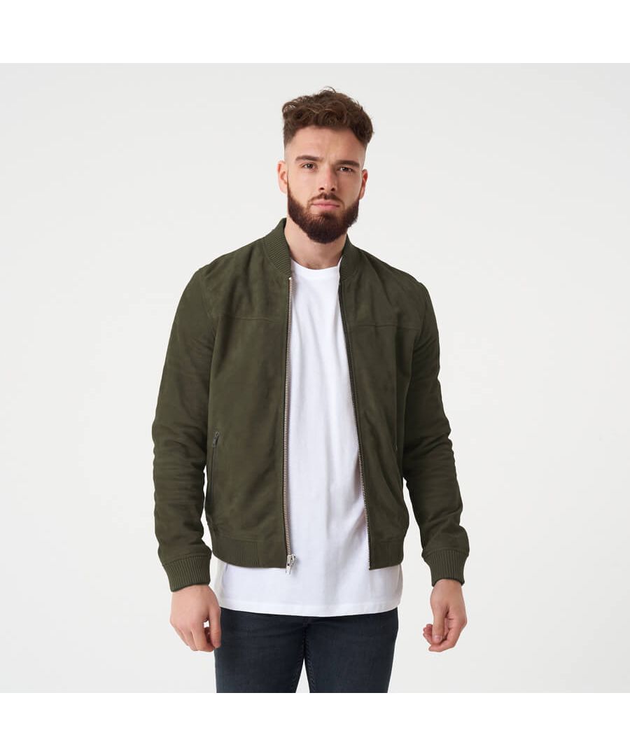 Made from 100% real goat suede, this khaki bomber jacket from Barneys Originals offers ultimate comfort and style. Perfect for styling with casualwear, you'll be reaching for this jacket on the daily. The ribbed cuffs and elasticated waist finish off the jacket with all the hallmarks of a classic bomber style. This item is slim fitting.