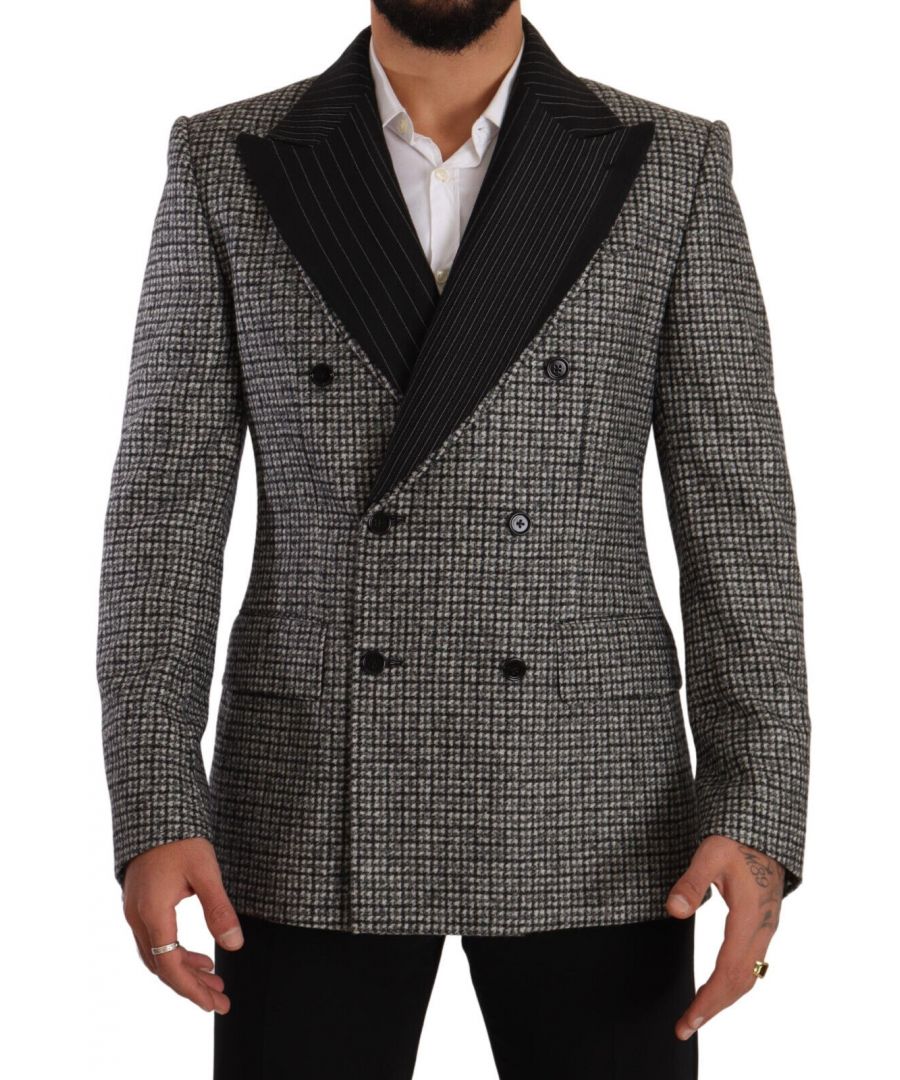 DOLCE & GABBANA\nAbsolutely stunning, 100% Authentic, brand new with tags two button blazer features peak lapel style.\nStyle: Double breasted\nFitting: Slim fit\nColor: Grey, black\nLogo details\nMade in Italy\nVery exclusive and high craftsmanship\nMaterial: 58% Wool 33% Alpaca 9% Nylon (tweed)\nLining: 100% Silk