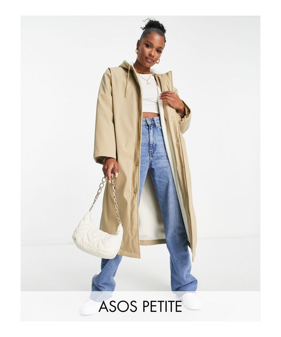 Coats & Jackets by ASOS Petite Throw on, go out Showerproof finish Drawstring hood Press-stud placket Side pockets Regular fit  Sold By: Asos
