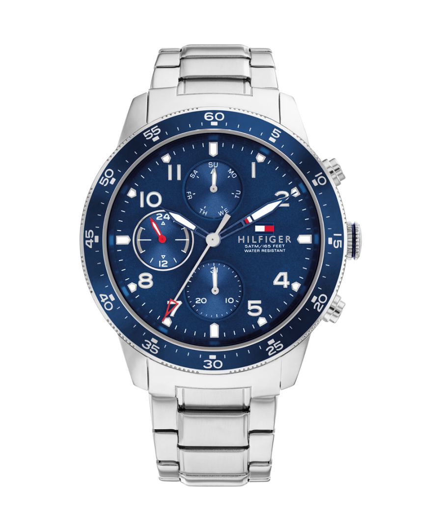 This Tommy Hilfiger Jimmy Multi Dial Watch for Men is the perfect timepiece to wear or to gift. It's Silver 44 mm Round case combined with the comfortable Silver Stainless steel watch band will ensure you enjoy this stunning timepiece without any compromise. Operated by a high quality Quartz movement and water resistant to 5 bars, your watch will keep ticking. This casual and modern watch is perfect for all kind of casual activities, indoor activities or daily use, it's also a great gift for family and friend. -The watch has a calendar function: Day-Date, 24-hour Display High quality 21 cm length and 21 mm width Silver Stainless steel strap with a Fold over with push button clasp Case diameter: 44 mm,case thickness: 10 mm, case colour: Silver and dial colour: Blue