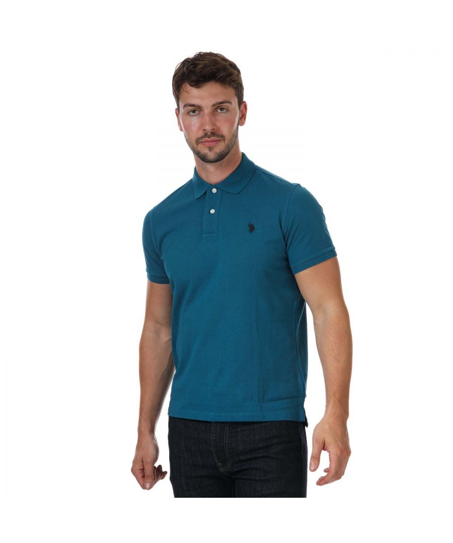 Mens US Polo Assn Pique Polo Shirt in blue.- Button down collar.- Short sleeves.- Two button placket.- Featuring the embroidered double horsemen for the USPA stamp of authenticity.- Ribbed cuffs.- 100% Cotton. - Ref: 63515239