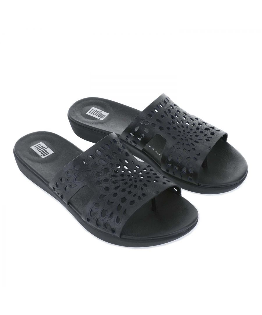 Womens Fit Flop H- Bar Laser- Cut Floral Slide Sandals in black.-Leather upper.- Slip on closure.- Thong toe.- Seamless built-in arch contour.- Biomechanically engineered to coddle feet with lightweight cushioning.- Slip resistant rubber outsole.- Ref: EB4090
