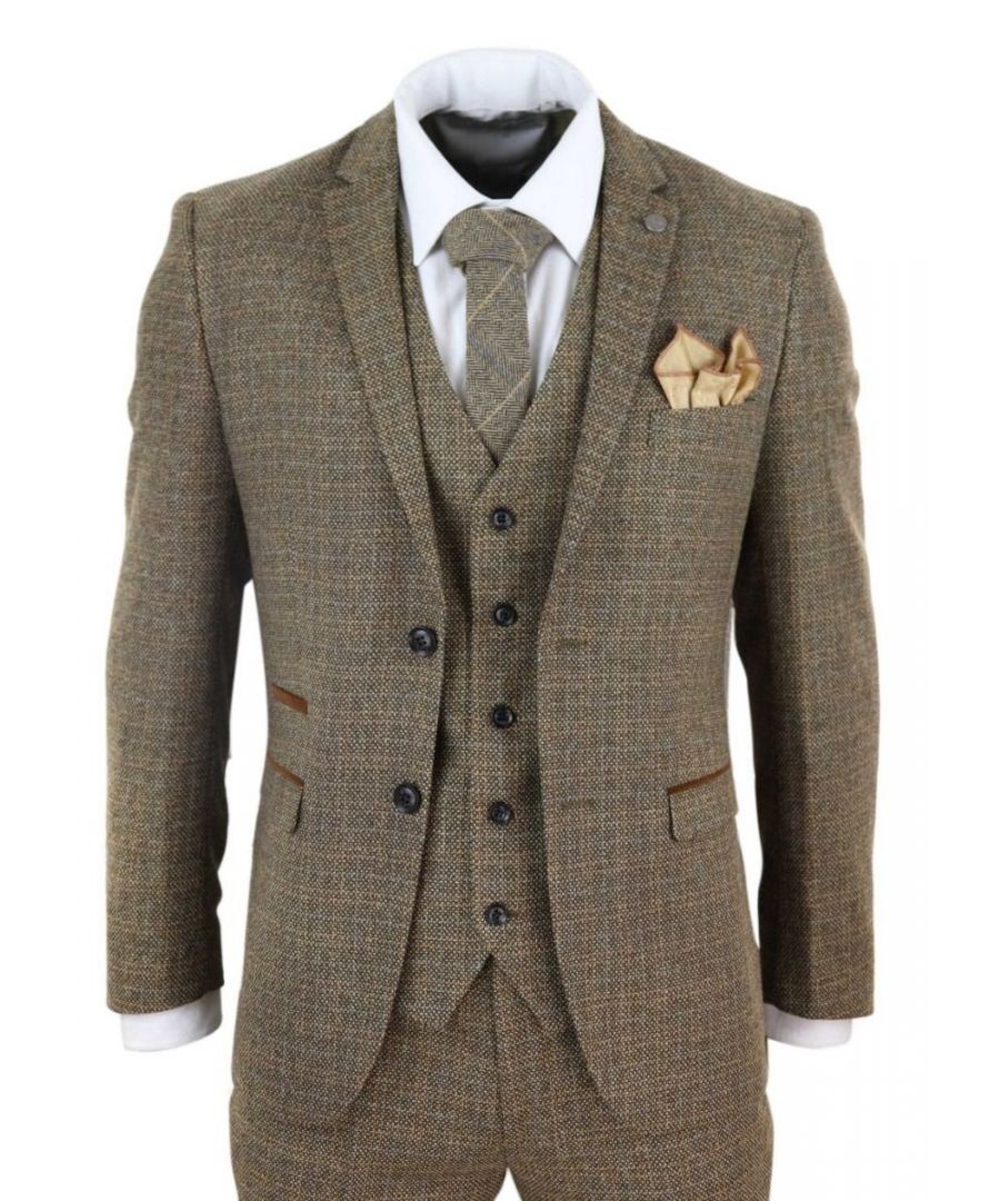paul andrew mens 3 piece brown tweed check vintage retro suit - size 42 (chest)